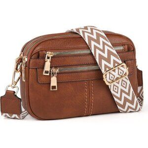 6-Pocket Crossbody Bags for Women, Vegan Leather Shoulder Handbags Brown Travel